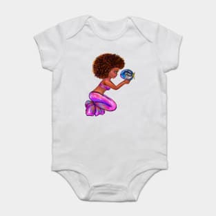 Black anime mermaid with blue tang fish, beautiful girl with Amber hair, green eyes, Cherry pink lips and dark brown skin. Hair love ! Baby Bodysuit